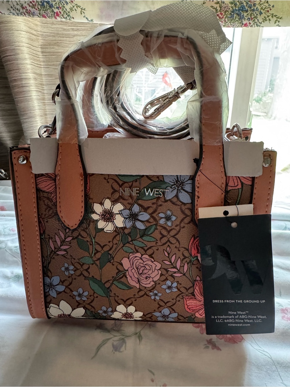 Nine West Brown Floral Top-Handle Satchel with Pink & Blue Accents